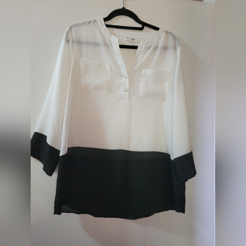 Gilani black & white sheer 3/4 sleeve tunic top size 10